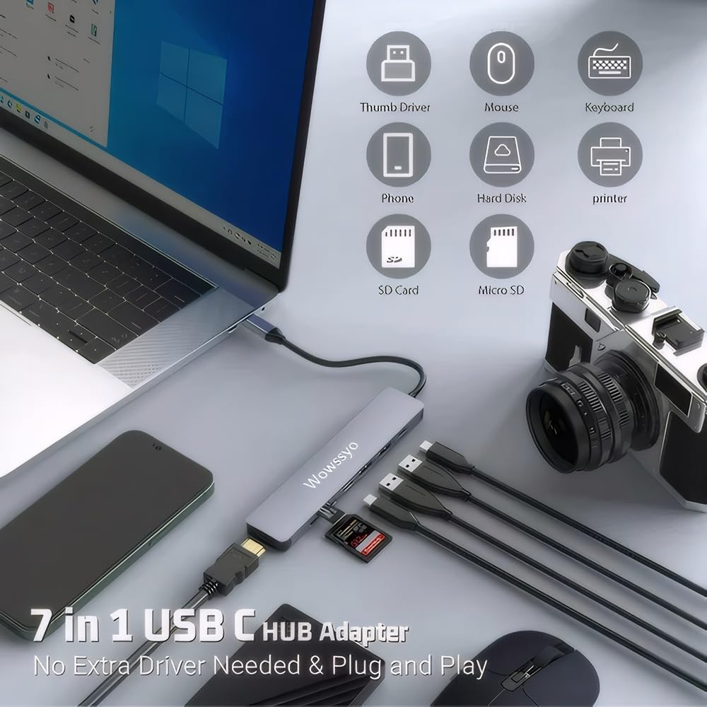 Wowssyo Hub USB C 7-in-1, Docking Station USB C, Multiporta USB Hub, 4K HDMI, 100W PD, USB 3.0, SD/TF, Adattatore MacBook M1 Air Pro, per iPad, Switch, Chromecast, Windows e altri dispositivi USB-C