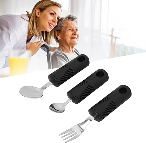 Miniatura 6 de 3 utensilios adaptativos, suministros especiales, utensilios adaptativos, cuchara y tenedor de acero inoxidable con mango de goma ancho, utensilios