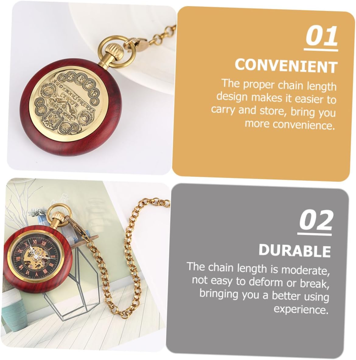 TEHAUX Mechanical Pocket Watch Vintage Antique Roman Numeral Wood Grain Case Hanging Watch for Men Classic Collectible