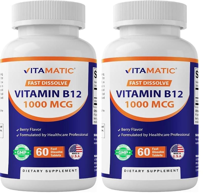 Vitamatic Vitamina B12 de dissolução rápida 1000 mcg, sabor frutas vermelhas, 120 comprimidos