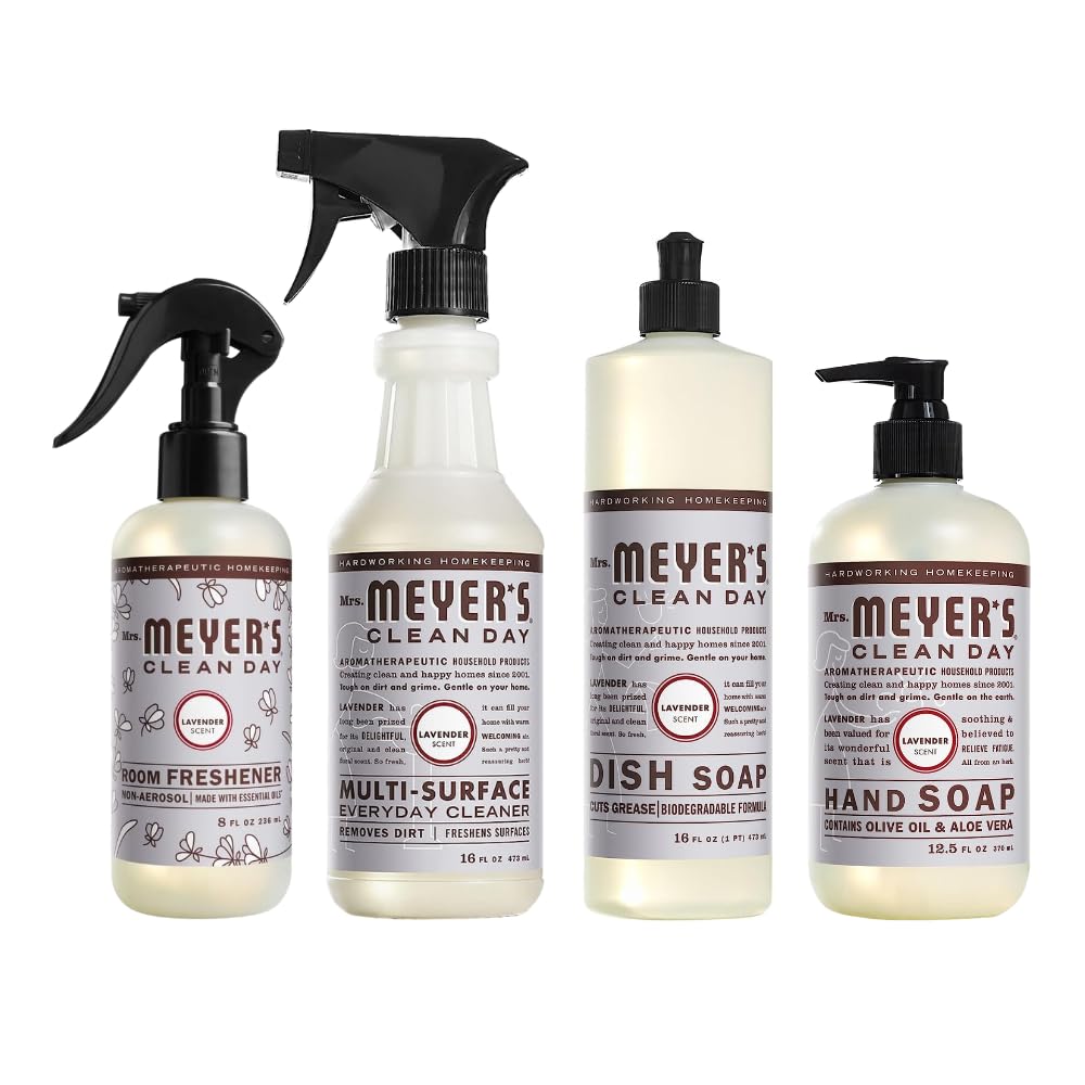 Mrs. MEYER'S Clean Day Lavender Scent Variety, 1 Room Freshener 8 OZ, 1 Liquid Dish Soap 16 OZ, 1 Liquid Hand Soap 12.5 OZ, 1 Multi-surface Cleaner 16 OZ, Lavender, 1 CT