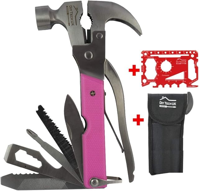 DIY TECH UK - 17 in 1 Hammer Multitool + FREE 48 in 1 Wallet Tool - EXTRA STRONG High Carbon Stainless Steel - Pliers, Wire Cutter, Bottle Opener, Knife, Saws, File, Screwdrivers & Spanners With Pouch
