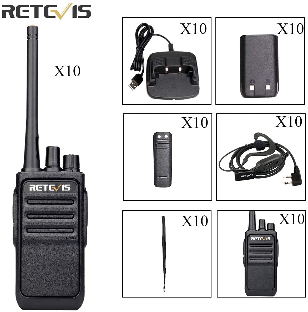 Retevis RT617 Walkie Talkie Professionali, PMR446 Ricetrasmittenti a Lunga Distanza, VOX, Suono Squelch Chiaro, Radioline walkie Talkie con Auricolare per Scuola, Sicurezza, Logistica (10 Pezzi, Nero)