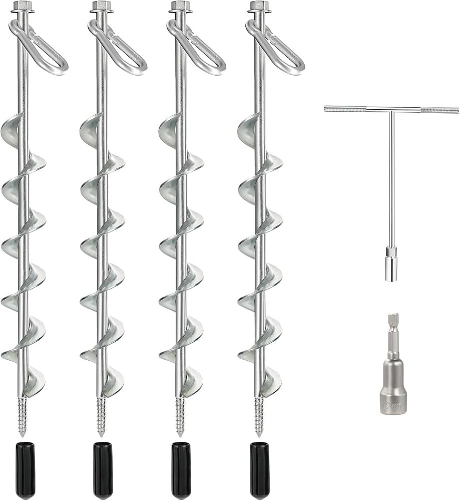 Ground Anchors Screw in, 4 Pack 12" Spiral Tent Stakes with Drill Socket & T-Handle for Tents, Canopies Swing Sets, Trampolines — 사진 1