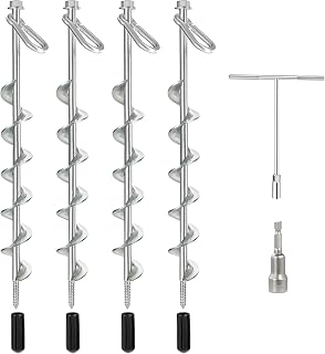 Ground Anchors Screw in, 4 Pack 12" Spiral Tent Stakes with Drill Socket & T-Handle for Tents, Canopies Swing Sets, Trampolines