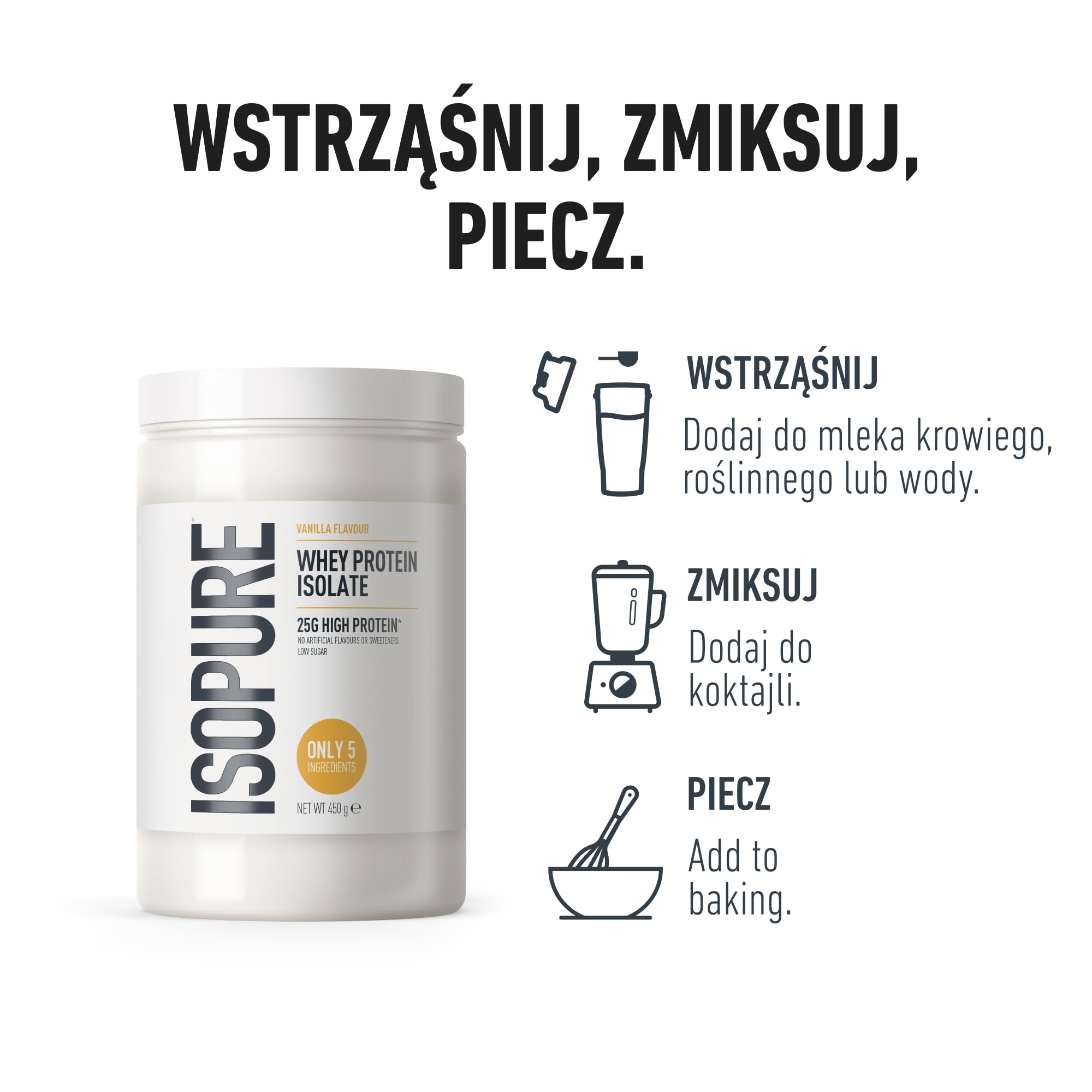 Isopure Waniliowy Izolat Białka Serwatkowego, Wysoka Zawartość Białka 25 g na Porcję, Niska Zawartość Cukru, Bez Sztucznych Aromatów i Słodzików, Tylko 5 Składników, 450 g