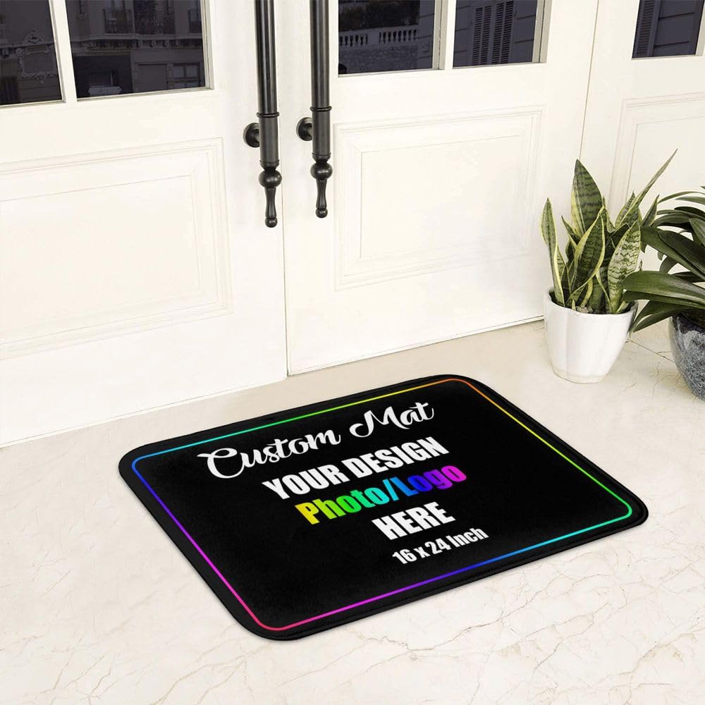 Custom Rugs Personalized Decoration Door Mat with Photo Text Logo Customized Non-Slip Area Floor Carpet for Bedroom Bathroom Entryway Office, Black