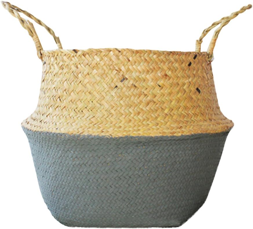 Home Storage Organisation, Samber Hand-Woven Foldable Plant Flower Pot Natural Seagrass Woven Basket Toy Storage Basket Wovening Laundry Basket Foldable Handcraft Weave Belly Basket with Handle(C/L)