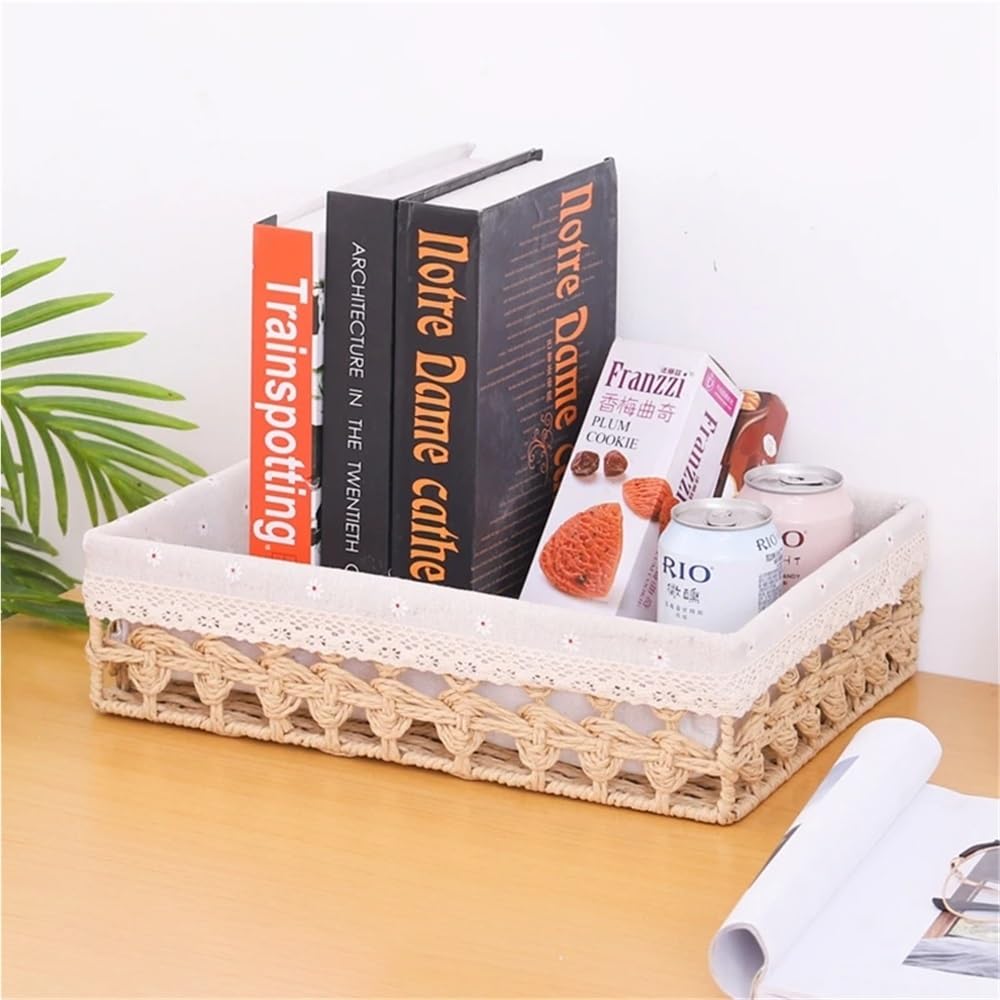 Caja de Almacenamiento de Cesta, Accesorios de Cocina y Dormitorio, Organizador de Escritorio de ratán para artículos Diversos, Pan, Papel cosmético Rectangular, Cuerda y pajitas.