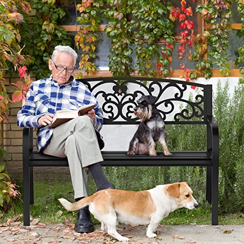 Image of VINGLI Outdoor Bench for Patio Metal Garden Bench w /PVC Back Pattern, Black Park Benches Front Porch Benches for Yard Lawn Decor Deck Entryway (Black-Floral)