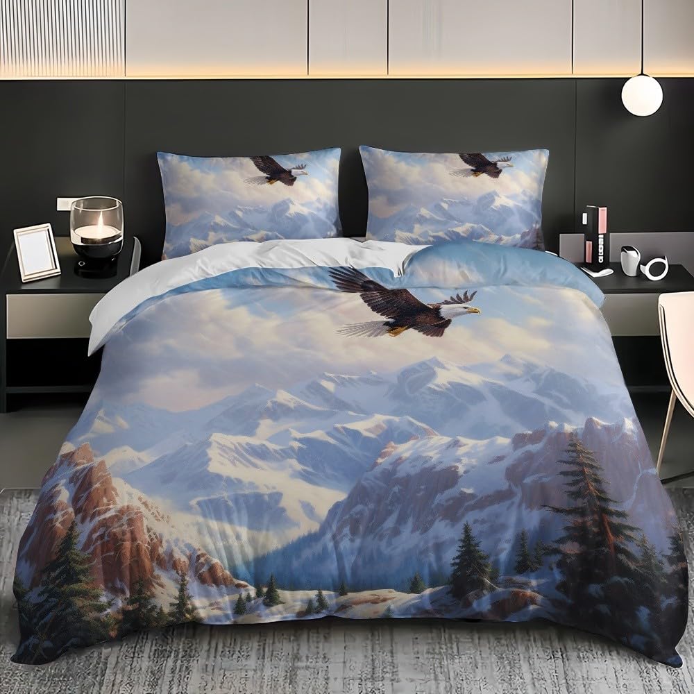 3-częściowy komplet pościeli 200 x 200 cm, z mikrofibry, góry, białe orły, krajobraz, poszewka na poduszkę z zamkiem błyskawicznym, 80 x 80 cm, naturalny, oddychający, nie wymaga prasowania i miękka