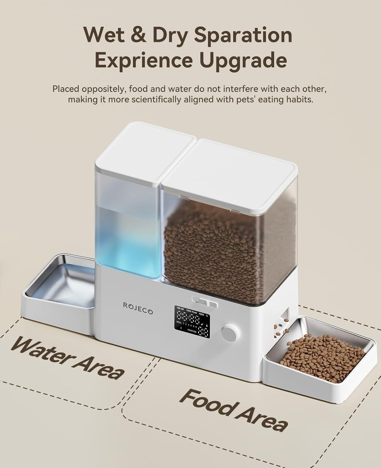 ROJECO - Comedero automático para gatos de 8.5 L, comedero 2 en 1 para mascotas con temporizador, dispensador de comida para gatos de gran capacidad con alimentador de alimentos y fuente de agua