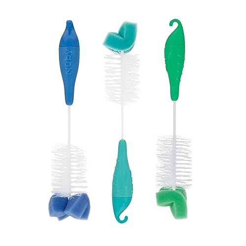 Nuby Cepillo para biberones y pezones con cerdas y punta de esponja | Paquete de 3: aguamarina, azul, verde | Mango colgante con gancho para secar