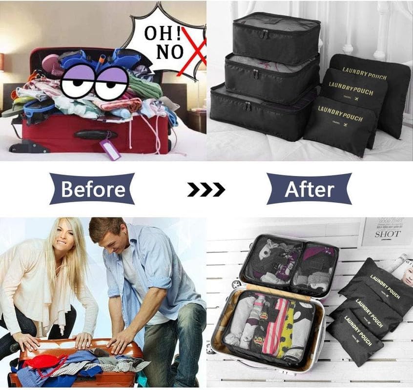 Image of 6 in 1 Polyester Secret Pouch Travel Bag Packing Cubes Laundry Bag with Undergarments & Cloth Storage Organizer Travelling Set /Suitcase Cloth Cube Bag (BLACK 6 in 1 Travel Bag)