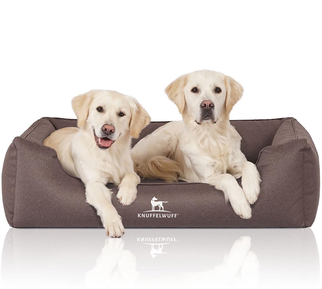 Knuffelwuff Cama ortopédica Impermeable para Perros León de Terciopelo con carácter de Tejido a Mano XL 105 x 75 cm Gris Marrón