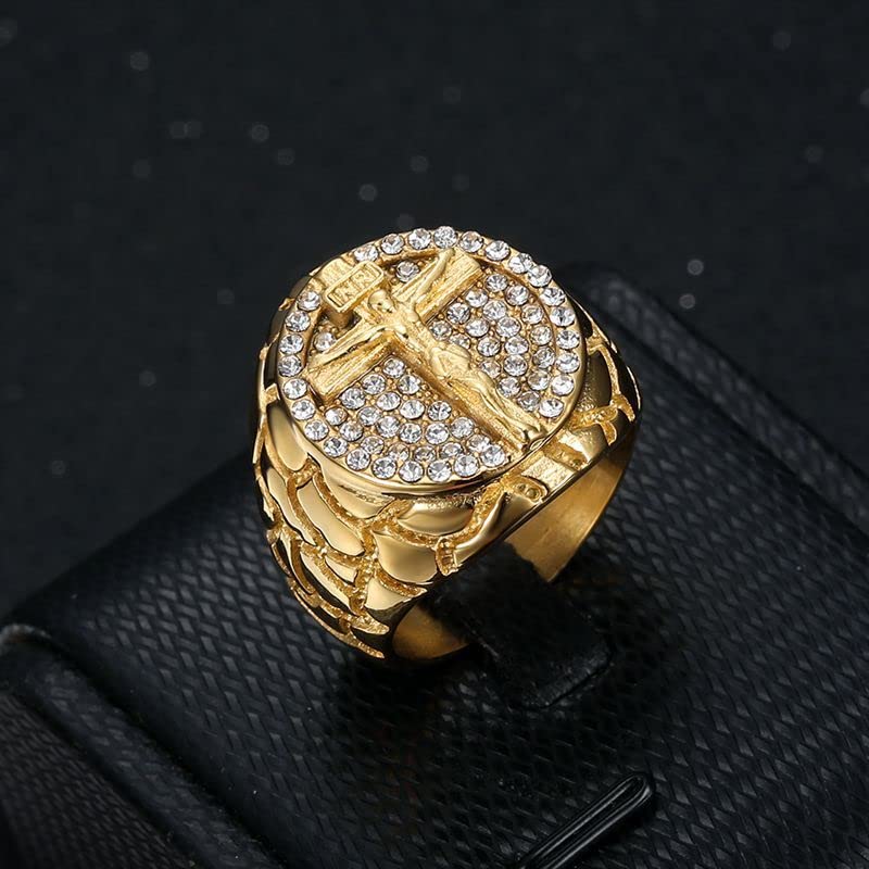 Fanshu Stainless Steel Jesus Cross Iced Out Gold Plated Religious Statement Ring with Cubic Zirconia Stones for Men Women Friends Gift Fashion Hip Hop Jewelry3