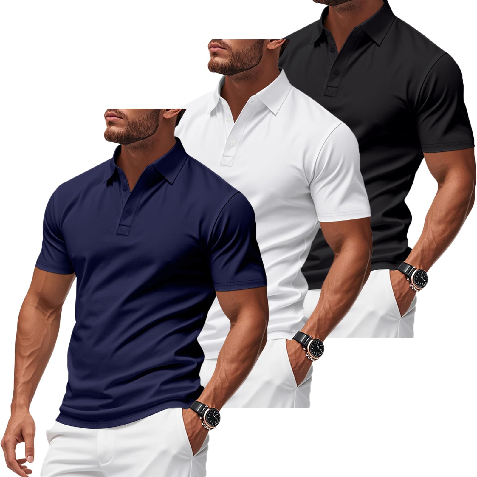 Herren-Polo-Shirts, schnelltrocknend, kurzärmelig, athletisch, feuchtigkeitsableitend, lässig, Golf-Shirt, 3er-Pack, Schwarz/Weiß/Marineblau, XL