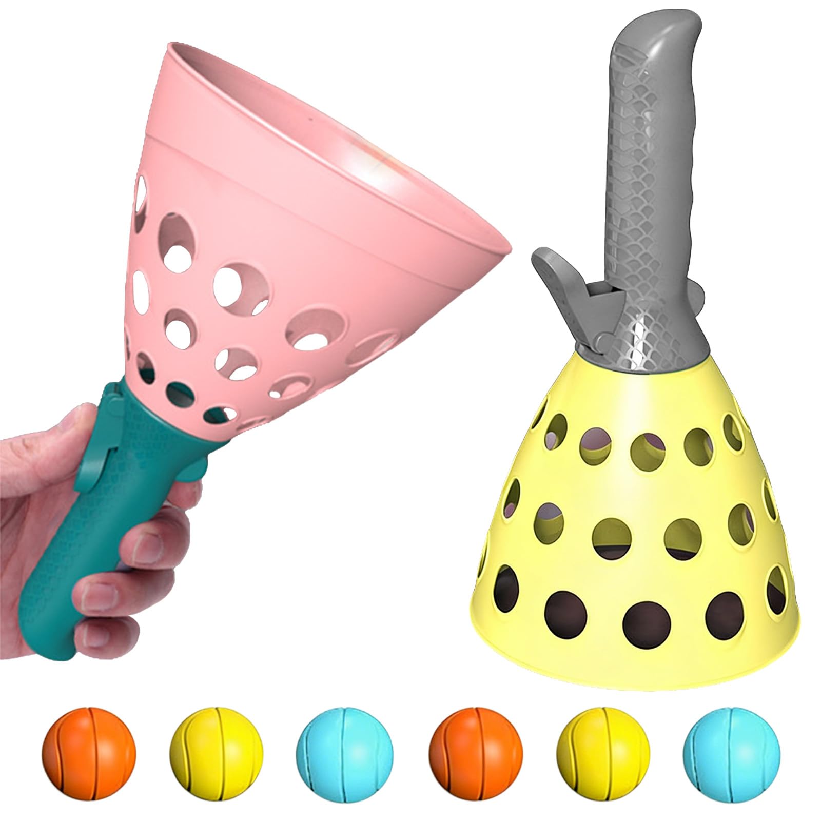 Falafoty Pop and Catch Ball Game Set with 6 Balls and 2 Catch Launcher Baskets, Outdoor Indoor Toss Ball Game Activities, Lawn Campground Summer Beach Party Sport Toys for Kids & Adults (Yellow)
