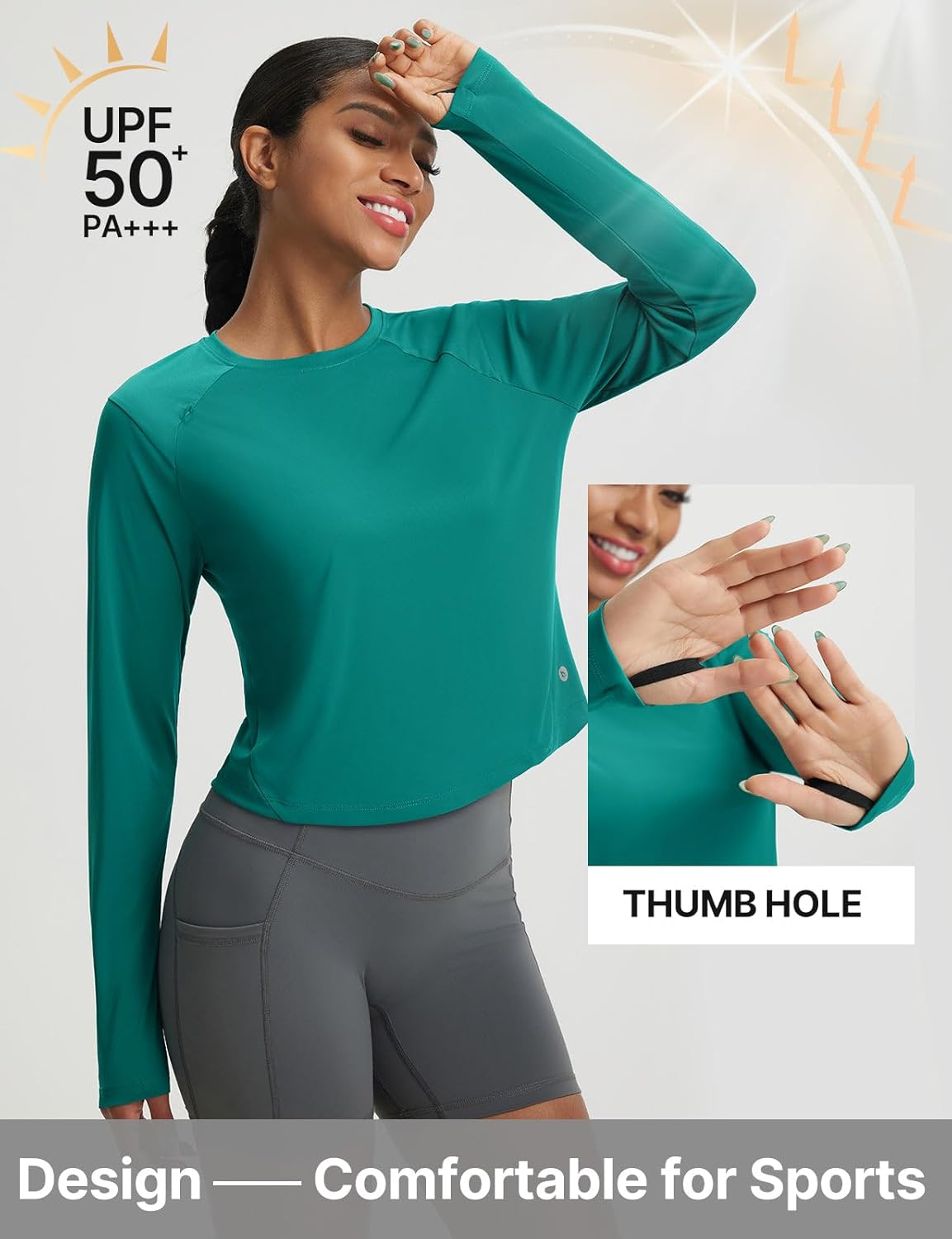 baleaf Women's UPF 50+ Long Sleeve Sun Shirts Crop Rash Guard UV Workout Tops SPF Slim Fit Lightweight Athletic Hiking - Image 2