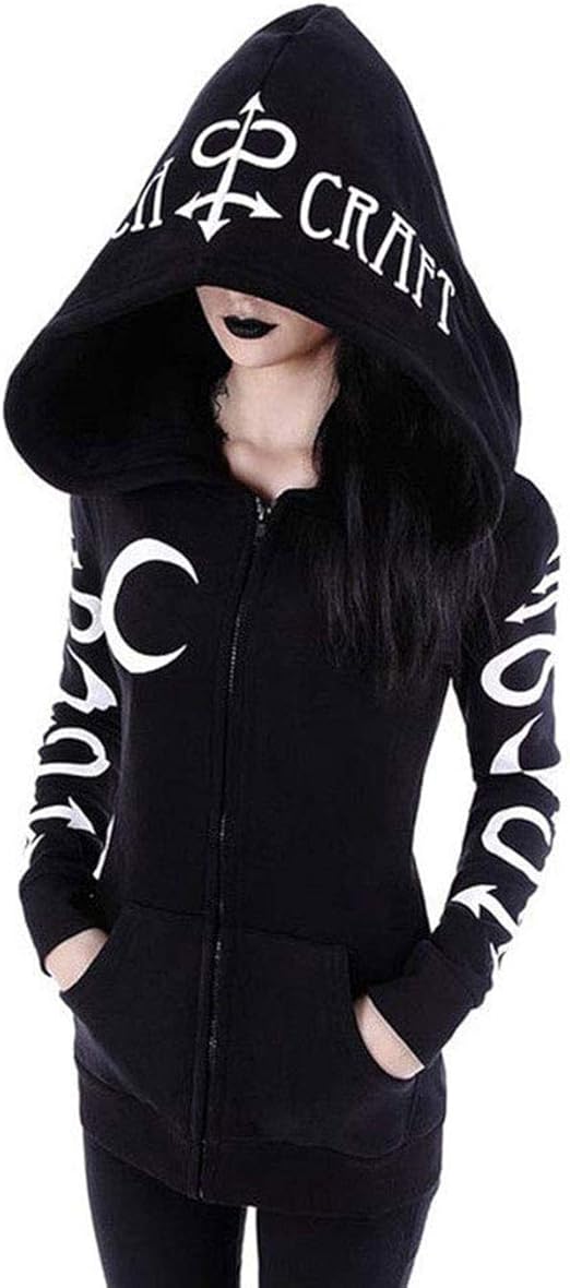 Amazon 女性 ゴシックパンク ジップアップ 長袖 パーカー 月とレタープリント スポーツ トレーナー スウェット ジャケットコート ポケット付き トレーナー パーカー 通販