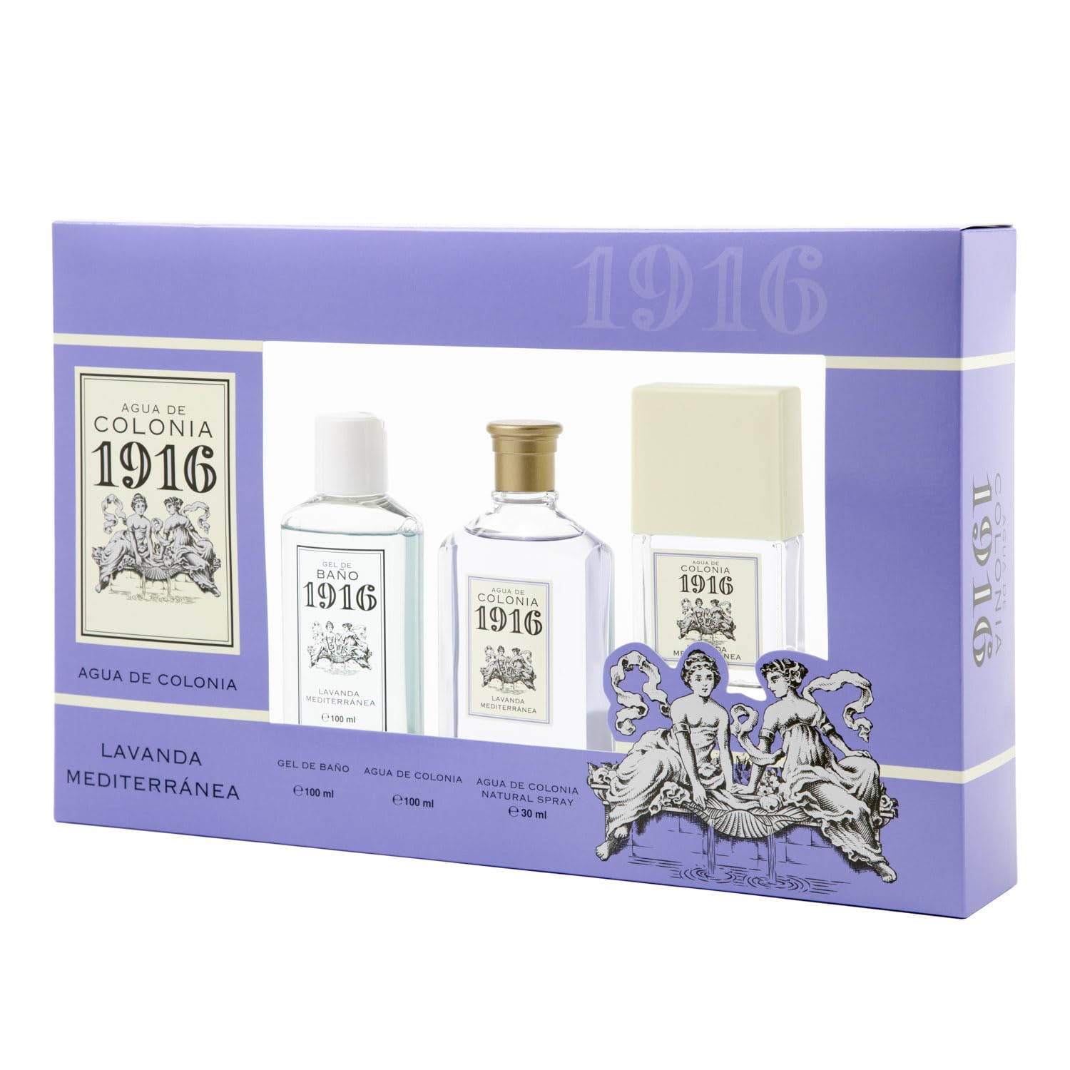 1916 - Lavanda Mediterránea Estuche de Regalo Mujer y Hombre, Agua de Colonia, Colonia 100 ml + 30 ml + Gel de Baño 100 ml, Perfume Unisex, Fragancia Fresca y Floral, Aroma de Larga Duración