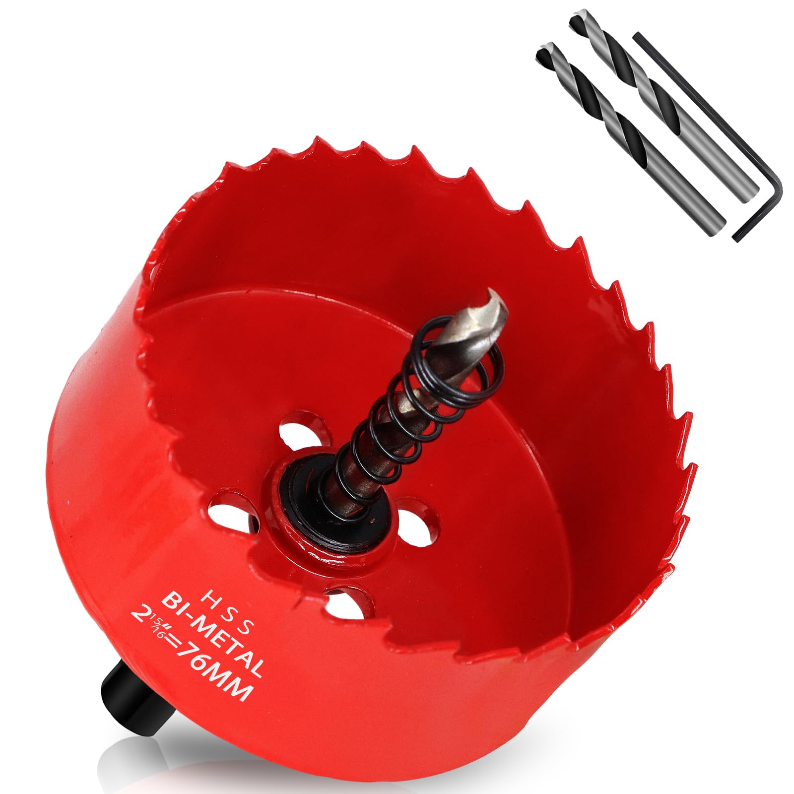 Sega a tazza bimetallica, 76 mm, universale, HSS M42, con codolo esagonale e trapano, dimensioni complete, taglio preciso e veloce, per legno, plastica, cartongesso, lamiera, rosso