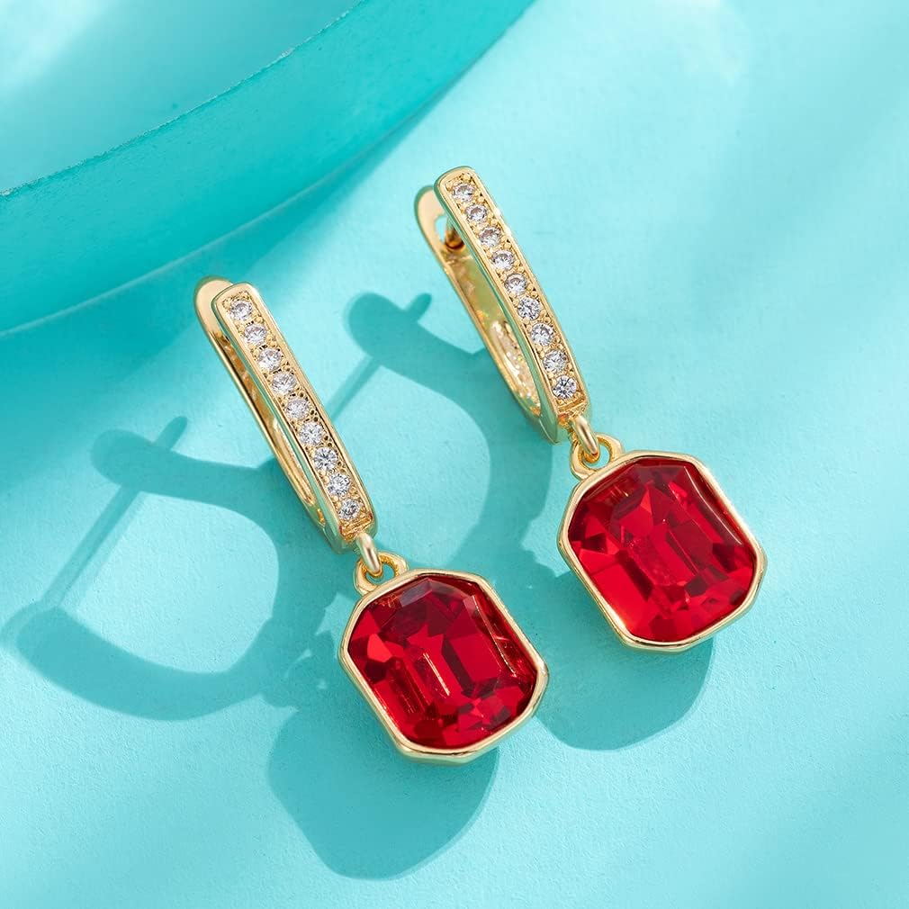 Austrian Crystal Octagon Leverback Drop Earrings for Women 14K Gold Plated Hypoallergenic Jewelry - Image 6