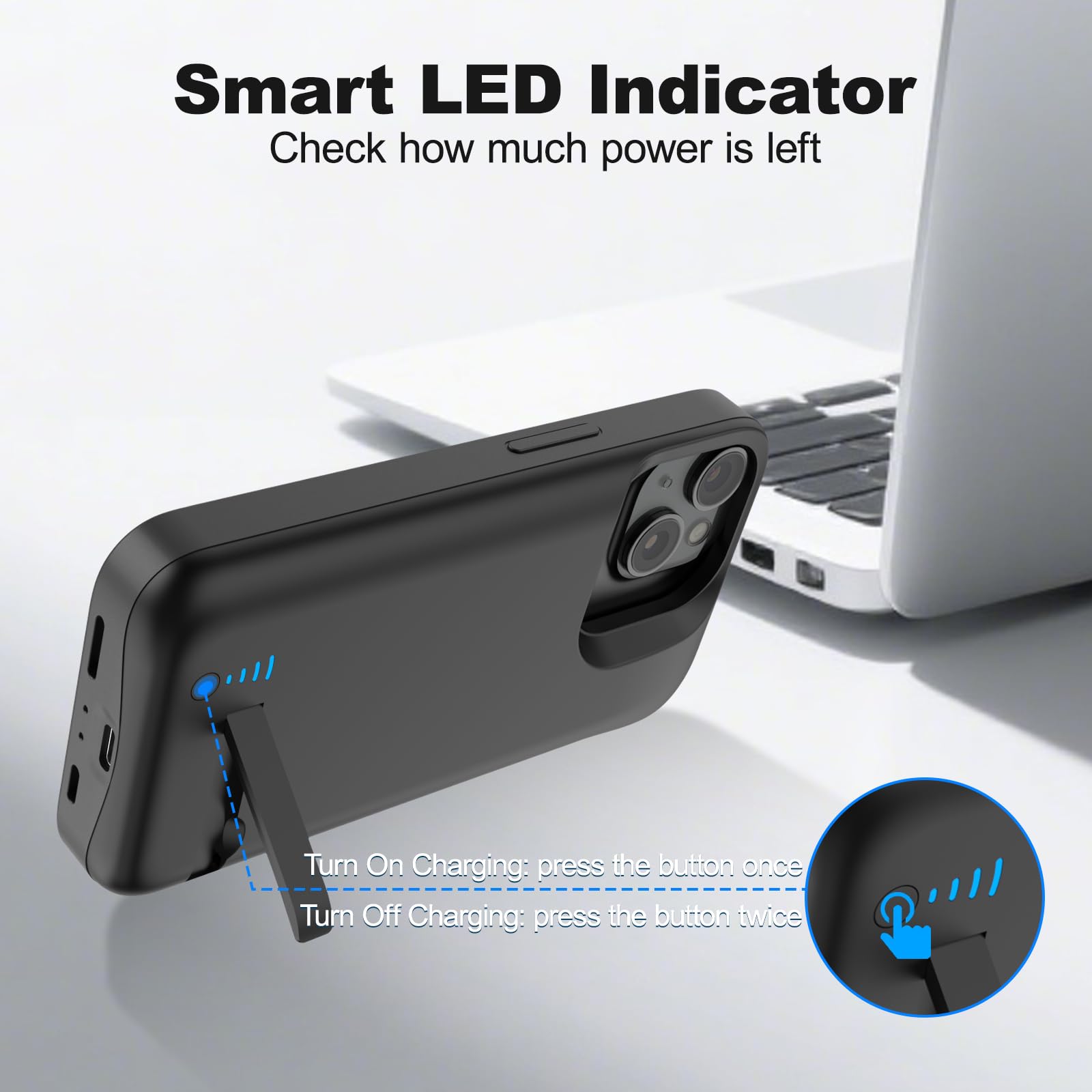 Etui na baterię do iPhone 15, prawdziwe 8500 mAh, wąskie, ładowalne, rozszerzona ładowarka, etui do ładowania ze stojakiem, przenośny powerbank ochronny do iPhone 15, 6,1 cala – czarne