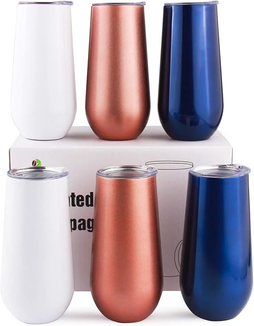 Sivaphe Champagne Glasses Flutes Tumbler Stainless Steel Set of 6, Wine Cups with Lid Double Walled Thermos 6 OZ White Navy Rose Gold Wedding Party Friends Family Gifts