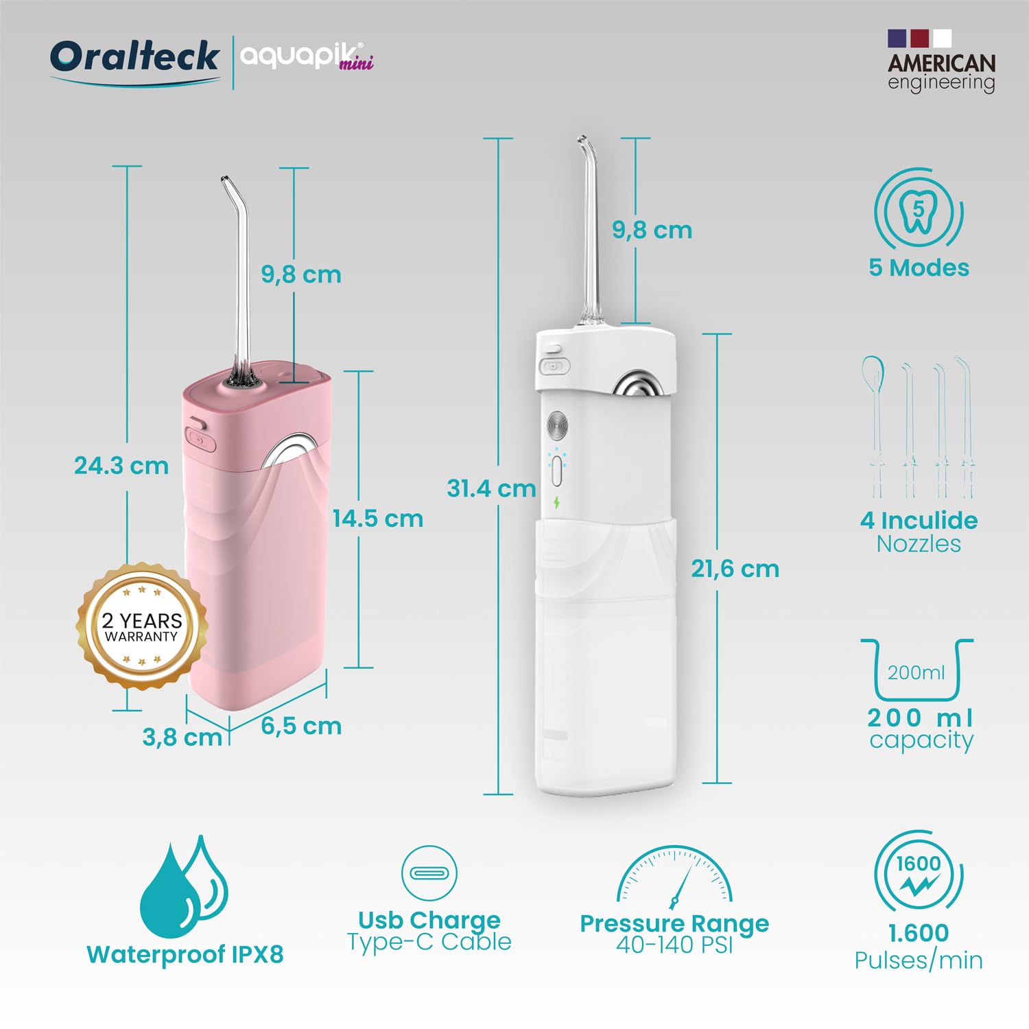 Aquapik® DUO irygator do jamy ustnej Aquapik® 100 Desktop + Aquapik® Mini, przenośny, zalecany przez dentystów + środek do usuwania płytki nazębnej + pielęgnuje implanty i ortodoncję, głęboka higiena