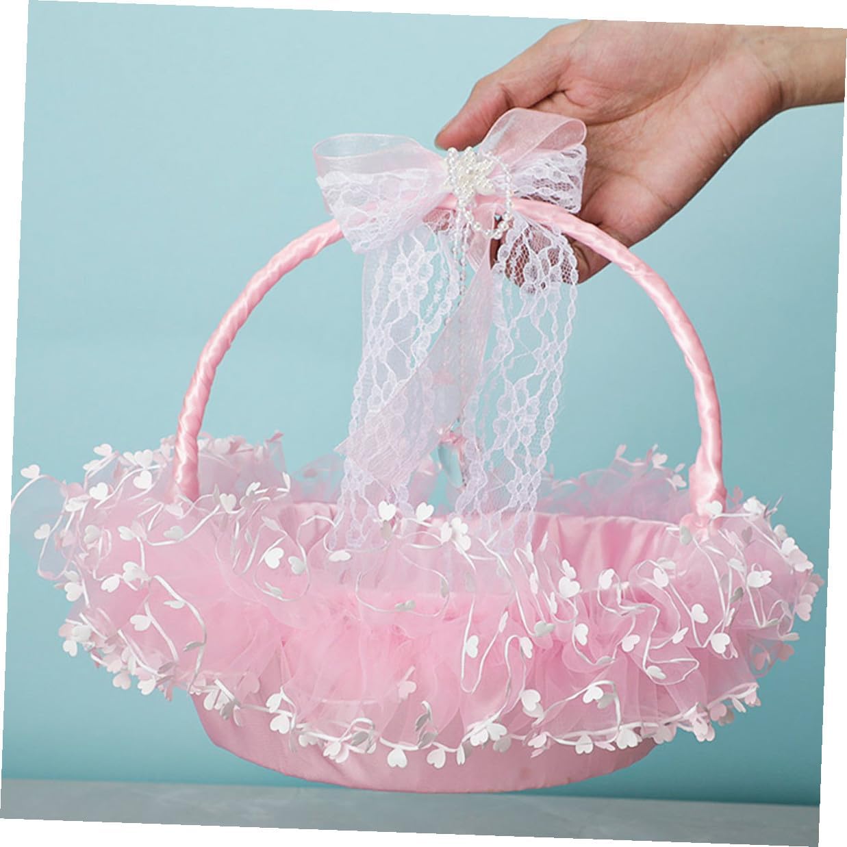Flower Girl Basket Lace Design Portable Wedding Flower Holder Pink Foldable Handheld Decorative Basket for Wedding Ceremony