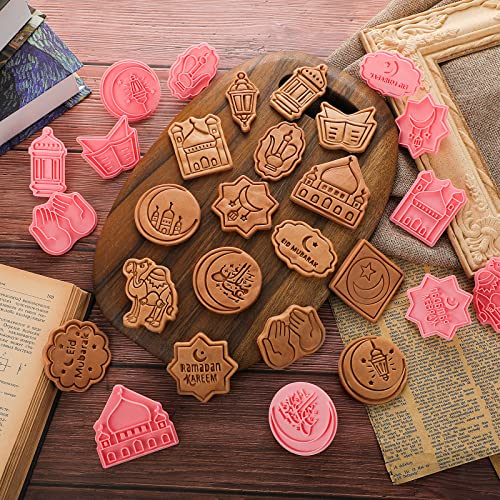 Honeydak 16 Pieces Eid Mubarak Cookie Cutters With Plunger Stamps Set Ramadan Islamic Muslim Biscuit Mold Star Lantern Moon 3D Cookie Stamper Mini Ramadan Plastic Diy Cookie Tools For Baking Fondant Supplies thumb #2