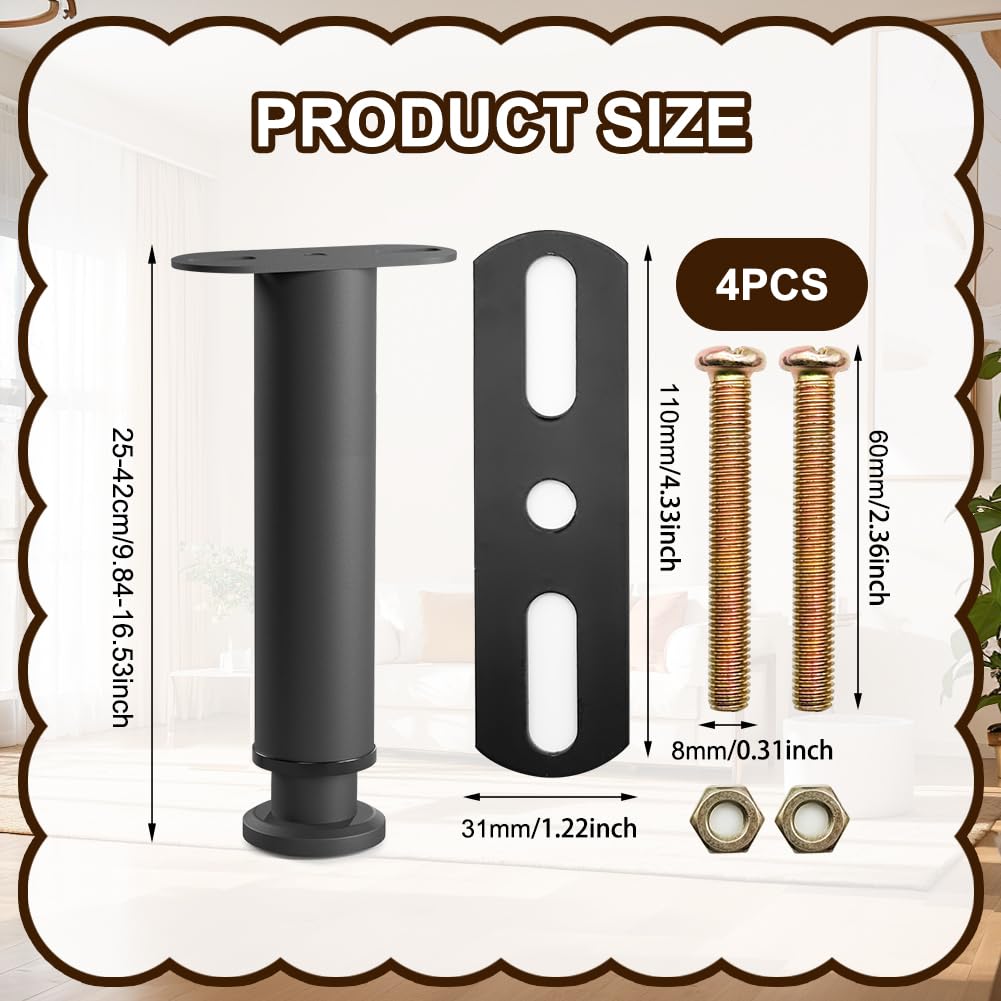 Patas para Muebles 4 Pcs Patas de Somier Regulables 25-42cm Altura Regulables Pata de Cama Ajustables de Metal, Soporte Pata para Marco Listones Centrales Cama Sofas Armarios Mesa Muebles de TV