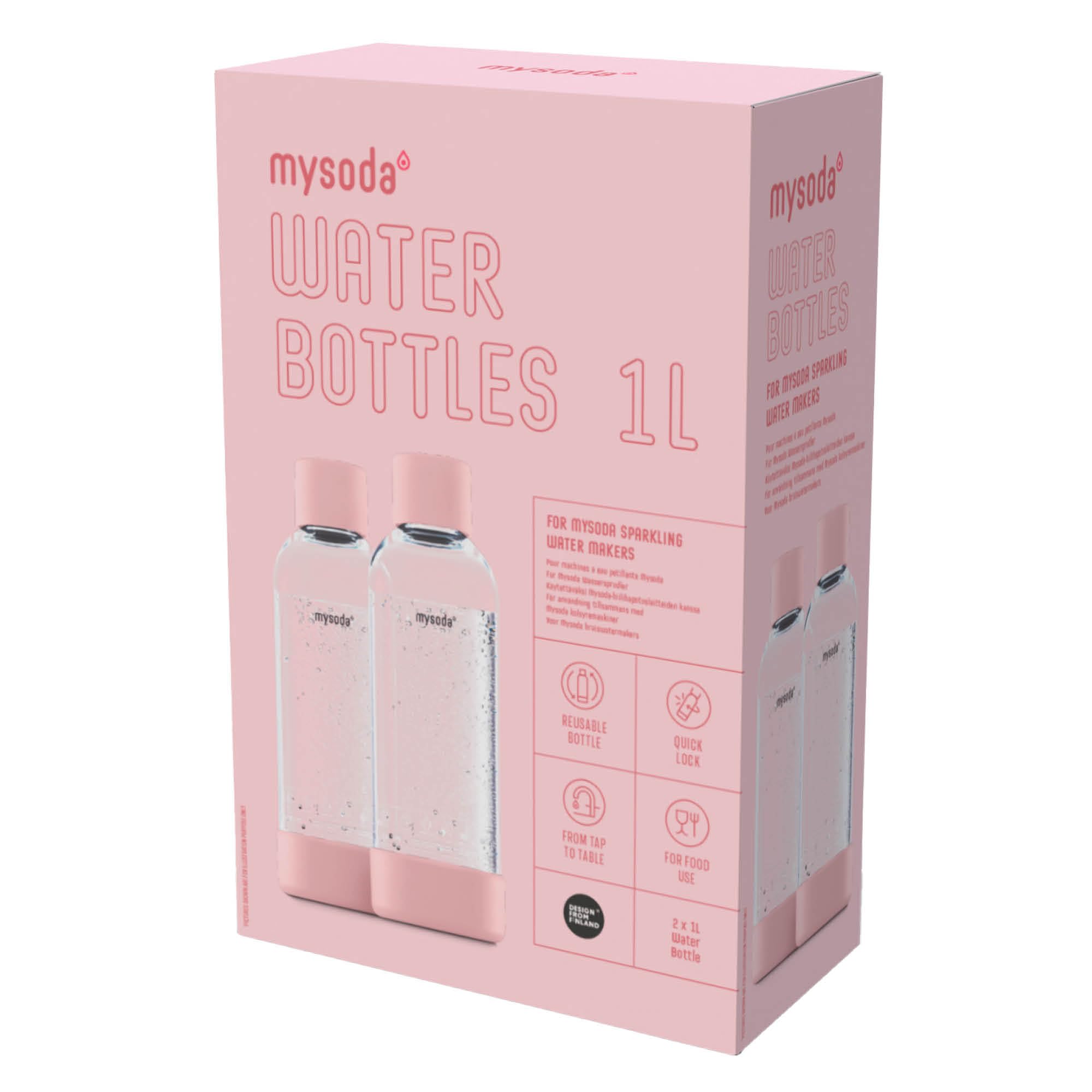Mysoda: Butelka na wodę do saturatora, plastik bez BPA, z szybkim zamknięciem "Quick-Lock", detale z kompozytu drewnianego, 2 x 1 l, różowa