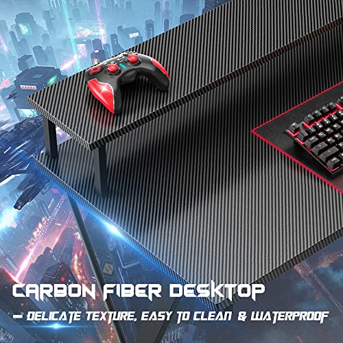 Hytxen Gaming Desk With Led Lights, L Shaped Corner Computer Desk With Power Strip, Carbon Fiber Surface Gaming Table With Monitor Stand＆Cup Holder, Headphone Hook, Graphite Black #TOP4