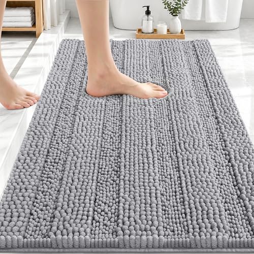 OLANLY Thick Bathroom Rugs 30x20, Extra Soft Absorbent Chenille Striped Bath Rugs, Rubber Backing, Machine Wash Dry, Bath Mats for Bathroom Floor, Tub and Shower, Home Decor Accessories, Grey