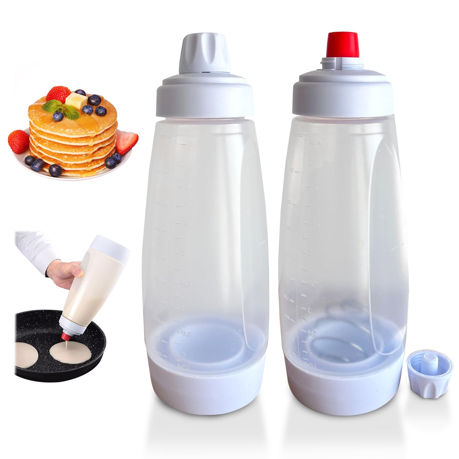 View 1 of 2 Packs of Pancake Batter Dispenser,1000ml Squeeze Pancake Dispenser Mixer Bottle with Stainless Steel wire Ball,Suitable for Pancakes Crepes Waffle Muffins Qatayef Cupcak
