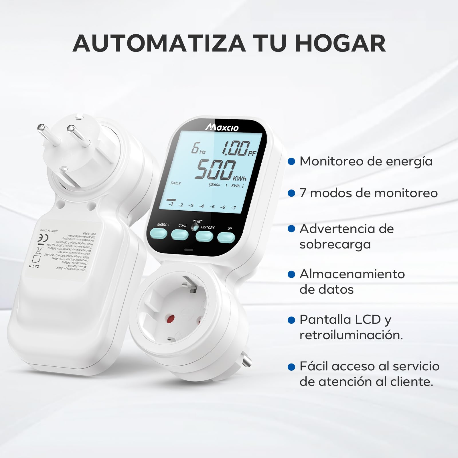 Maxcio Medidor de Consumo de Energía, enchufe de ahorro energético con pantalla LCD retroiluminada, 7 Modos Medidor de Consumo Electrico con Protección contra Sobrecarga, Nuevo Estilo