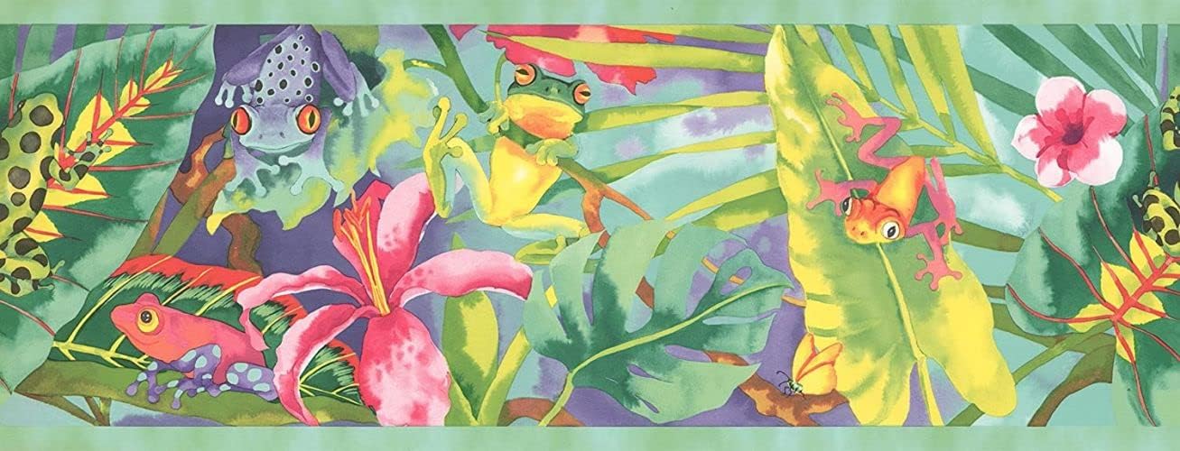Concord WALLCOVERINGS ™ Colorful Wallpaper Border Featuring Watercolor Rainbow Rainforest Frogs, Great for Bedroom or Daycare Playroom, 9 Inches by 15 Feet KZ4370B