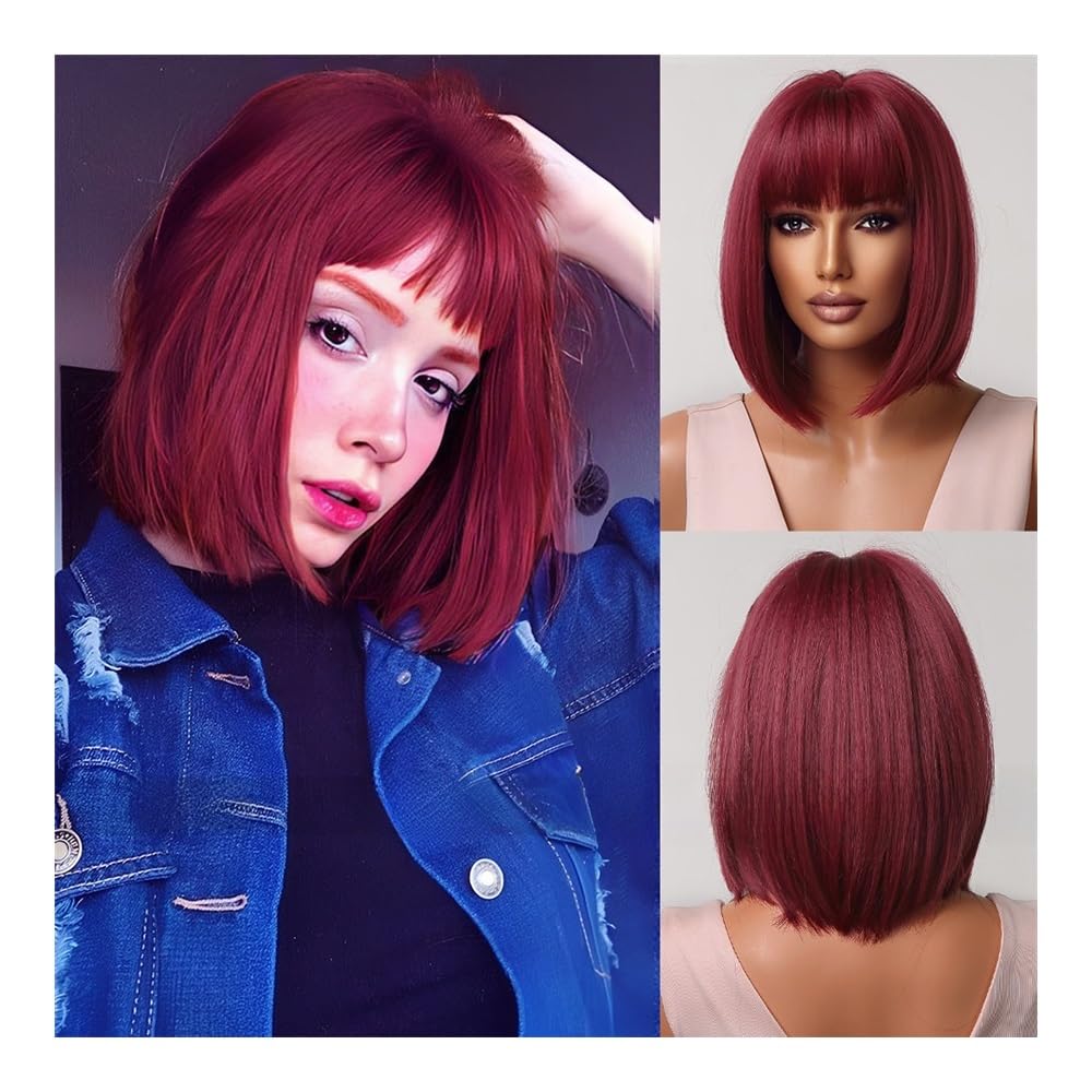 Perruque cheveux humains femme frange dégradé gris coupe courte bordeaux style américain