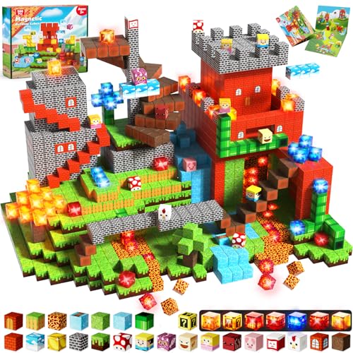 200 Pcs Light-Up Magnetic Blocks Construction Set STEM Educational Sensory Building Cubes Creative Magnetic Play Toy for Boys Girls Ages 3 and up