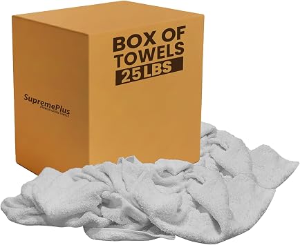 New 100% Cotton Terry Towels for Cleaning 25 lbs. Box, 20x20 Multipurpose White Terry Cloth Rags for Garage, Shop, Auto, Home & Janitorial Use