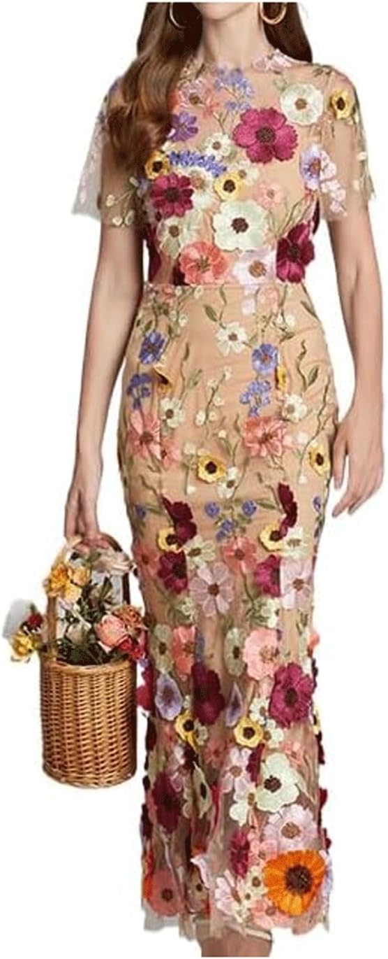 INFJMH Women's 3D Floral Embroidery Long Dress Elegant Short Sleeve Fishtail Lace Bodycon Party Cocktail Dress