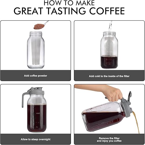 Miniatura 5 de Cafetera helada en tarro de cerveza fría, vidrio duradero, 64 onzas (2 cuartos de galón1.9 litros), con asa y filtro de acero inoxidable para café