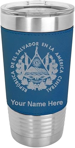 LaserGram Vaso aislado al vacío de 20 onzas, bandera de El Salvador, grabado personalizado incluido (piel sintética, azul)