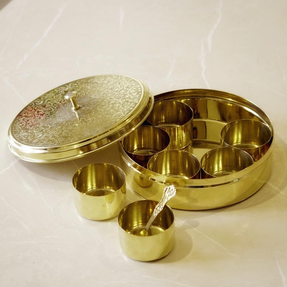 Arazio Brass Etched Spice Box, 7 Inch, Hammered Finish, with 7 Compartments and Spoon, Handmade