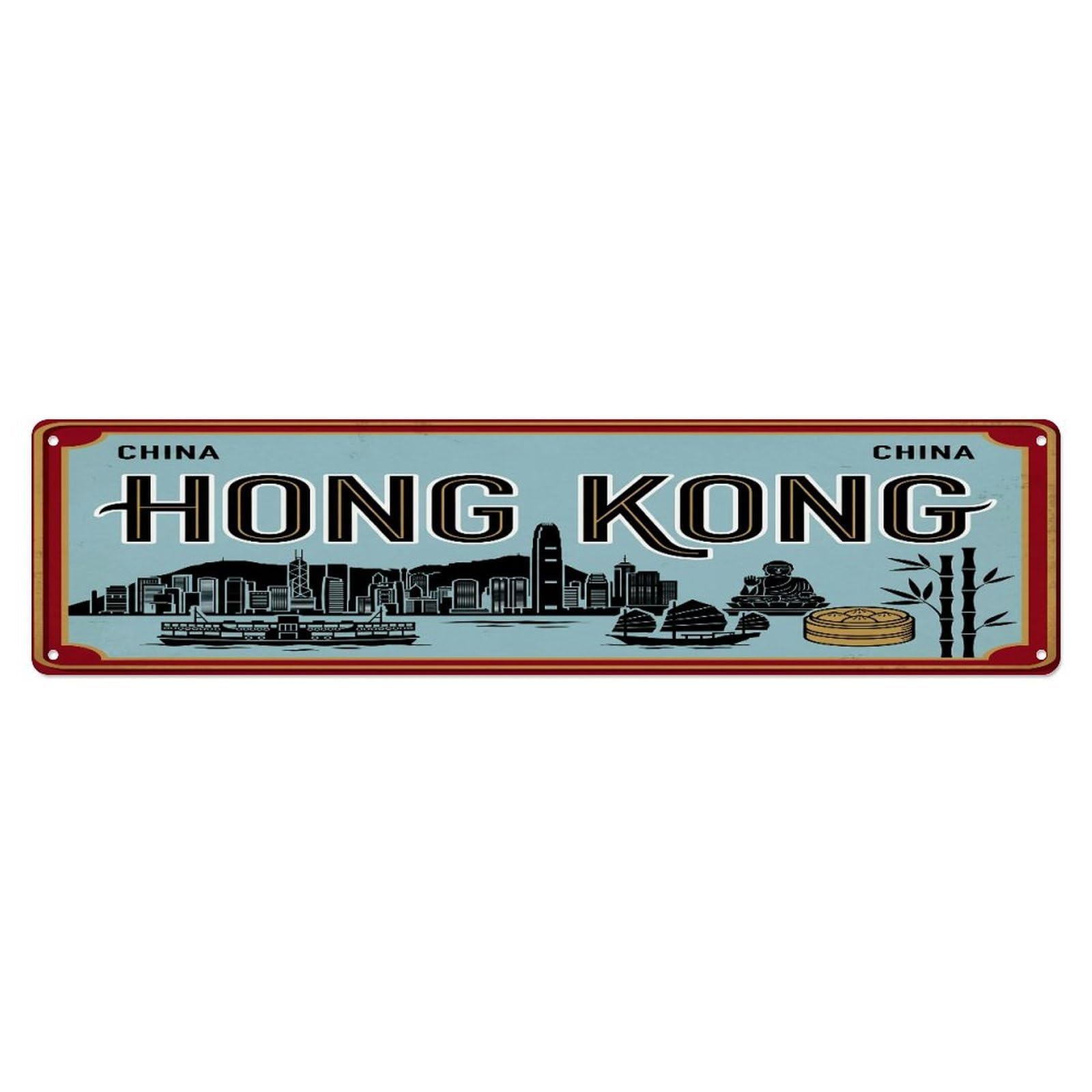 Tgrcjimh Style Metal Tin Sign Vintage Travel Hong Kong China Skyline Junk