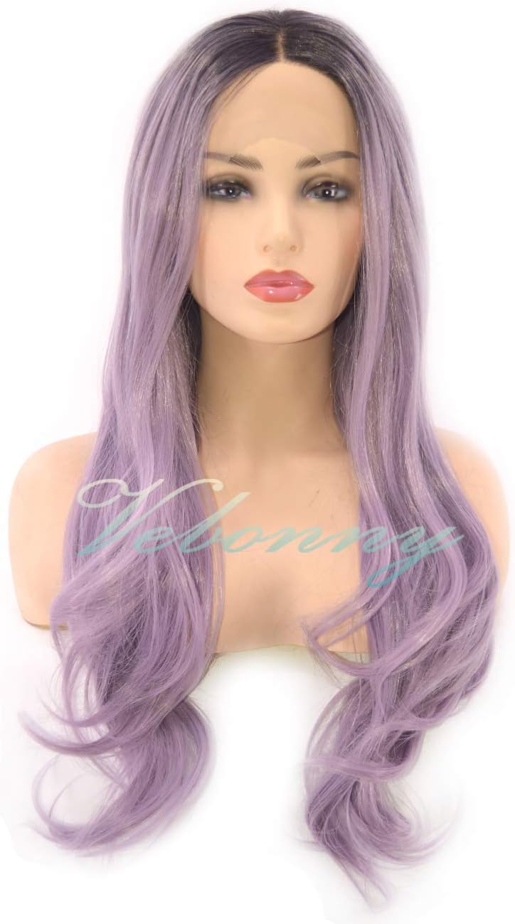 VEBONNY Ombre Black Light Purple Hair Wigs for Women Syntyhetic Hair Purple Lace Front Wig Long Hair Lilac Wigs 24 inches Middle Part VEBONNY-062 - Image 3