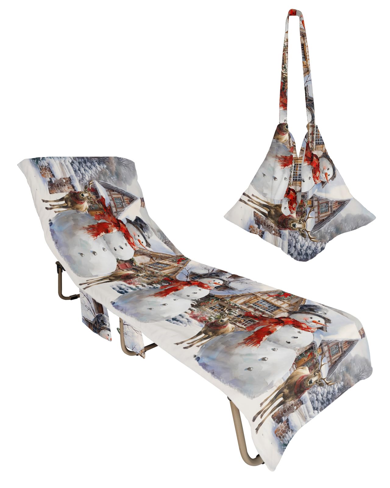 Christmas Beach Lounge Chair Towel Cover, Soft Chaise Lounge Towel with Side Pockets Patio Pool Chairs Cover for Beach/Pool Sunbathing 29x85 Xmas Snowman Elk Winter Snowflake Oil Painting