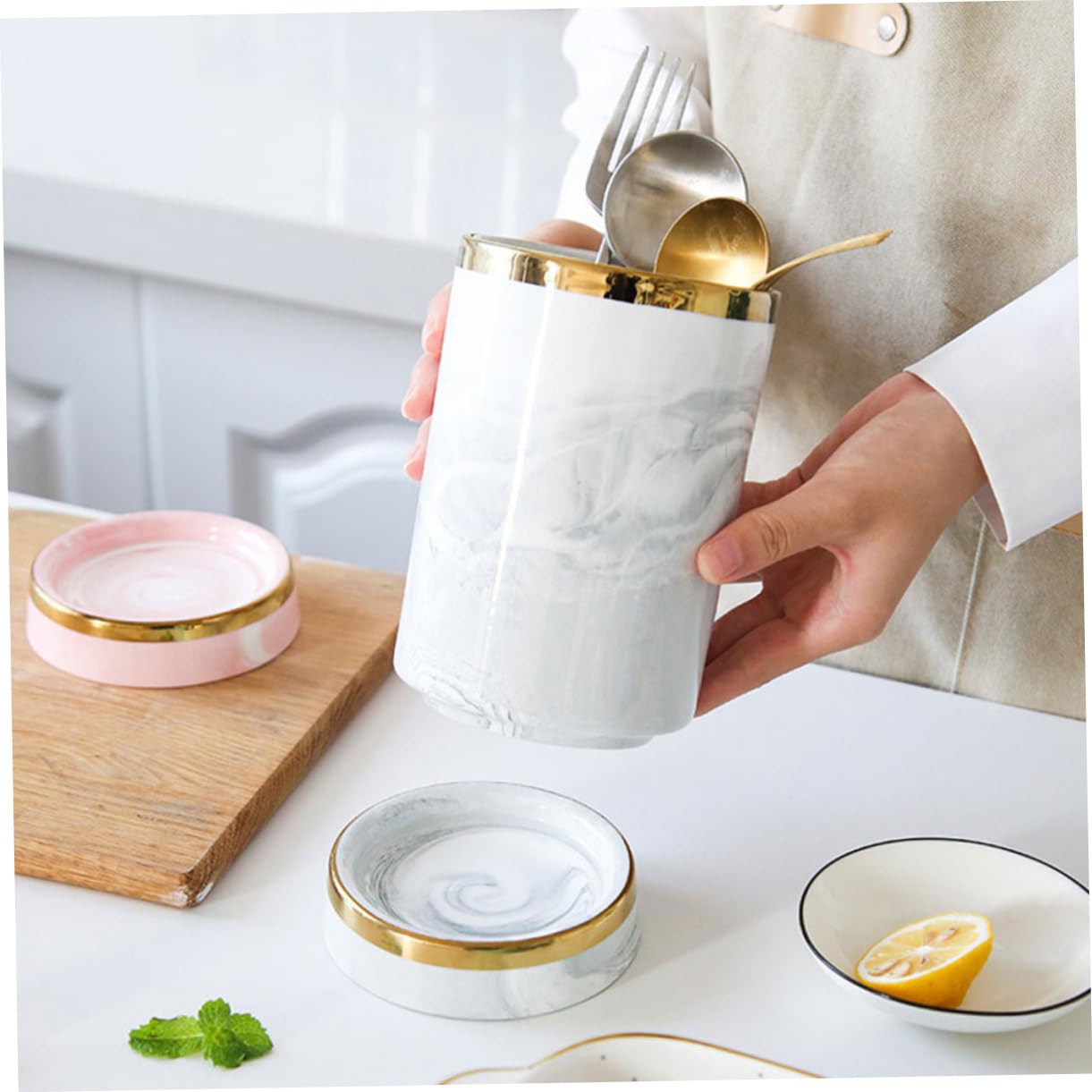 Gatuida Porte-ustensiles de Cuisine Céramique Motif Marbre Gris avec Bord Doré Grand Organisateur pour Couverts Baguettes Cuillères et Spatules Support Pratique pour Plan de Travail